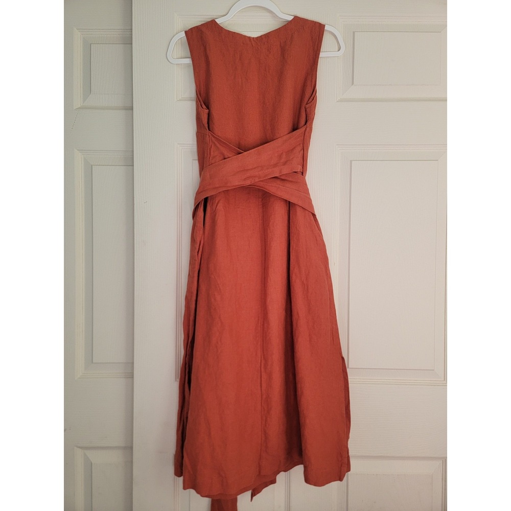 menique 100% Linen Hailey Sleeveless Obi Wrap Midi Dress Belted Red Small Pocket - Picture 5 of 15